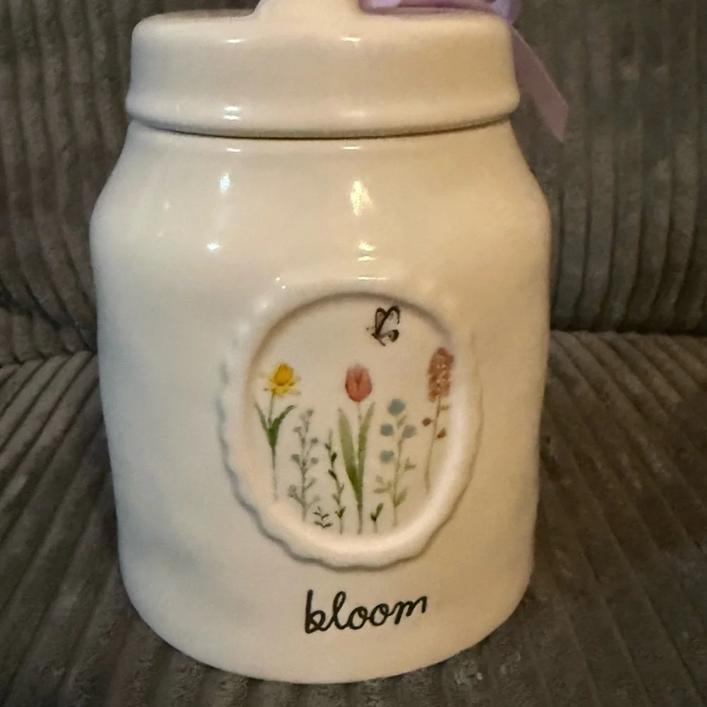 Rae Dunn White Ceramic Jar with Floral Pattern- BLOOM- NWT